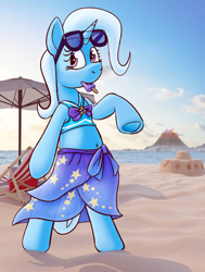 Size: 1920x2546 | Tagged: safe, artist:xppp1n, trixie, pony, unicorn, g4, 3d, 3d mixed with drawing, beach, beach chair, bipedal, blender, blender cycles, chair, clothes, cooler, equestria girls outfit, female, food, mare, popsicle, sandcastle, sarong, solo, sunglasses, swimsuit, volcano