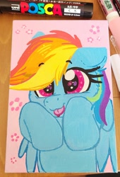 Size: 1746x2568 | Tagged: safe, artist:lbrcloud, rainbow dash, pegasus, pony, g4, bust, eyebrows, eyebrows visible through hair, female, portrait, smiling, solo, tongue out, traditional art