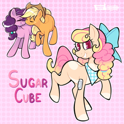 Size: 640x640 | Tagged: safe, artist:3ggmilky, applejack, sugar belle, oc, oc:sugar cube, earth pony, pony, g4, bow, hair bow, insulin patch, literal diabetes, magical lesbian spawn, next generation, nuzzling, offspring, parent:applejack, parent:sugar belle, parents:sugarjack, patterned background