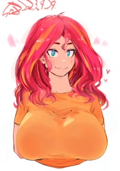 Size: 1400x2000 | Tagged: safe, artist:sozglitch, sunset shimmer, human, g4, big breasts, breasts, busty sunset shimmer, female, floating heart, heart, huge breasts, humanized, looking at you, simple background, smiling, smiling at you, solo, white background