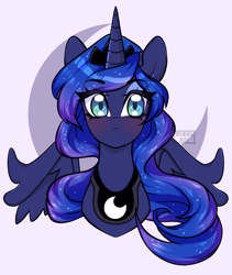 Size: 1122x1330 | Tagged: safe, artist:octacats, princess luna, alicorn, pony, g4, blushing, bust, crown, cute, ethereal mane, female, horn, jewelry, lunabetes, mare, partially open wings, peytral, portrait, purple background, redraw, regalia, simple background, solo, starry mane, tiara, wings