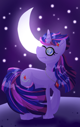 Size: 2023x3187 | Tagged: safe, artist:lindasaurie, twilight sparkle, pony, unicorn, g4, alternate design, female, glasses, hair accessory, high res, jewelry, lineless, mare, moon, necklace, night, night sky, redesign, redraw, sky, solo, stars, unicorn twilight