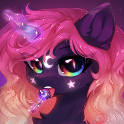 Size: 2000x2000 | Tagged: safe, artist:anku, oc, oc only, pony, unicorn, bust, candy, chest fluff, female, food, glowing, glowing horn, high res, horn, levitation, licking, lollipop, magic, magic aura, mare, open mouth, rainbow eyes, solo, telekinesis, tongue out