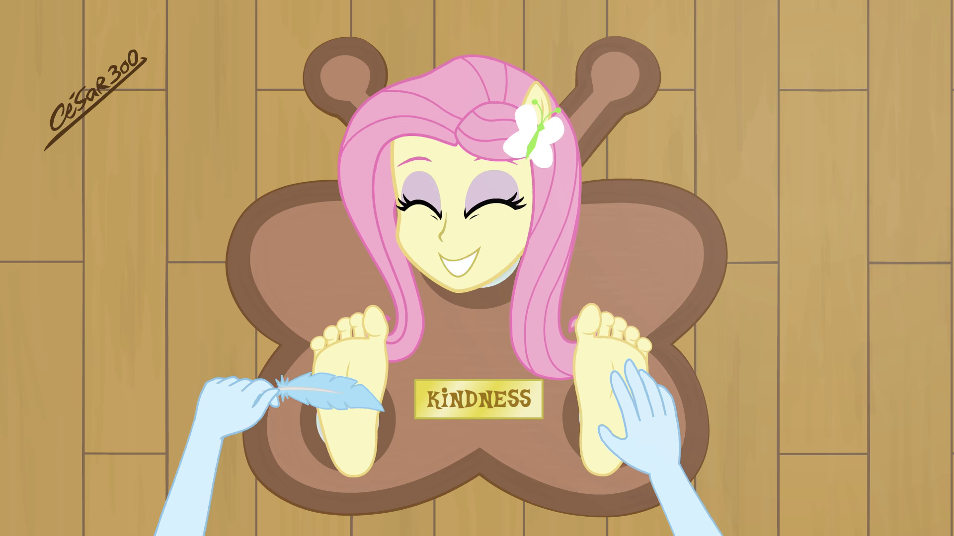 3172813 - suggestive, artist:cesar3o0, fluttershy, rainbow dash, human,  equestria girls, g4, animated, blushing, eyes closed, feather, feet,  fetish, foot fetish, foot tickling, laughing, offscreen character, soles,  sound, stocks, through wall, tickle ...