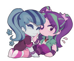 Size: 2318x1917 | Tagged: safe, artist:yanming98294, aria blaze, sonata dusk, human, equestria girls, g4, :3, chibi, clothes, cute, duo, eyes closed, female, lesbian, one eye closed, ship:arisona, shipping, simple background, sitting, smiling, white background, wink