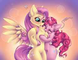 Size: 3200x2500 | Tagged: safe, artist:dlexsie, fluttershy, pinkie pie, earth pony, pegasus, pony, semi-anthro, g4, arm hooves, bipedal, blushing, cheek fluff, chest fluff, cute, diapinkes, duo, eyes closed, female, high res, mare, raspberry, shyabetes, spread wings, tongue out, wings