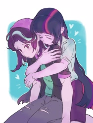 Size: 1698x2260 | Tagged: safe, artist:yanming98294, starlight glimmer, twilight sparkle, human, equestria girls, g4, blushing, clothes, duo, eyes closed, female, heart, hug, hug from behind, lesbian, ship:twistarlight, shipping, sitting