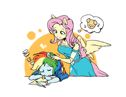 Size: 2804x2169 | Tagged: safe, artist:yanming98294, fluttershy, rainbow dash, human, pegasus, anthro, equestria girls, g4, clothes, duo, female, head pat, high res, lesbian, pat, ship:flutterdash, shipping, simple background, sleeping, smiling, white background, wings