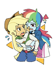 Size: 2176x2756 | Tagged: safe, artist:yanming98294, applejack, rainbow dash, human, equestria girls, g4, clothes, denim, duo, female, freckles, hat, high res, hug, hug from behind, jacket, jeans, open mouth, pants, simple background, skirt, sweat, sweatdrop, white background