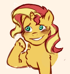 Size: 1003x1056 | Tagged: safe, artist:dweamypissuwu, sunset shimmer, pony, unicorn, g4, bust, female, fluffy, simple background, smiling, solo, unshorn fetlocks