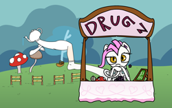 Size: 2678x1679 | Tagged: safe, oc, oc only, oc:teapot and sock, /mlp/, drugs, fence, kettle, looking at you, mushroom, stall, water