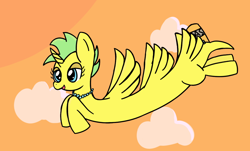 Size: 1010x609 | Tagged: safe, oc, oc only, oc:longpon, original species, /mlp/, cloud, female, flying, jewelry, necklace, simple background, smiling, solo