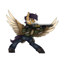 Size: 2300x2300 | Tagged: safe, artist:molars, oc, oc only, oc:lockheed venture, pegasus, pony, ashes town, fallout equestria, armor, bipedal, blue eyes, boots, chestplate, cigarette, clothes, denim, grin, gun, high res, insane smile, jeans, magical energy weapon, male, pants, plating, rifle, shoes, short mane, simple background, smiling, smoking, solo, spread wings, stallion, transparent background, weapon, wings