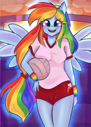 Size: 2000x2800 | Tagged: safe, artist:marubup, rainbow dash, anthro, equestria girls, g4, breast squish, breasts, clothes, female, glowing, high res, open mouth, open smile, ponied up, shirt, shorts, smiling, solo, sports, sports shorts, spread wings, sweat, volleyball, wings