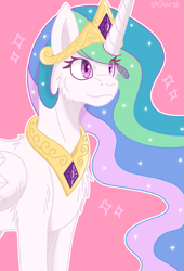 Size: 809x1192 | Tagged: safe, artist:chaz4eva, princess celestia, alicorn, pony, g4, cheek fluff, chest fluff, crown, cute, cutelestia, female, fluffy, jewelry, peytral, pink background, regalia, simple background, solo, sternocleidomastoid