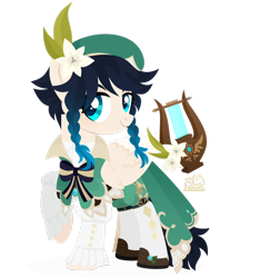 Size: 1920x2048 | Tagged: safe, artist:kabuvee, pegasus, pony, braid, cloak, clothes, femboy, feminine stallion, flower, flower in hair, genshin impact, hat, lyre, male, musical instrument, ponified, simple background, solo, stallion, transparent background, venti (genshin impact)
