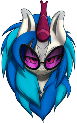 Size: 1639x2615 | Tagged: safe, alternate version, artist:ikarooz, dj pon-3, vinyl scratch, kirin, g4, bust, female, kirin-ified, lidded eyes, looking at you, mare, portrait, simple background, smiling, solo, species swap, sunglasses, transparent background