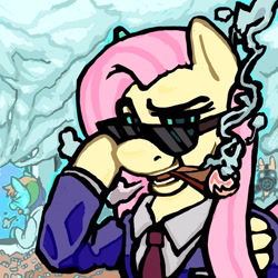 Size: 750x750 | Tagged: safe, artist:powknee, fluttershy, rainbow dash, oc, pegasus, pony, g4, business suit, cigar, cigarette, clothes, coughing, female, gas mask, grin, looking at you, mare, mask, smiling, smoke, smoking, solo focus, sunglasses, trio