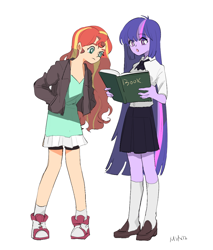 Size: 972x1142 | Tagged: safe, artist:dusty-munji, sunset shimmer, twilight sparkle, human, equestria girls, g4, book, clothes, duo, frown, hand in pocket, jacket, long hair, open mouth, reading, shoes, simple background, skirt, socks, standing, white background, zettai ryouiki