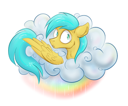 Size: 1010x839 | Tagged: safe, artist:jehr, sunshower raindrops, pegasus, pony, g4, cloud, ear fluff, one ear down, rain, rainbow, simple background, solo, white background, wings