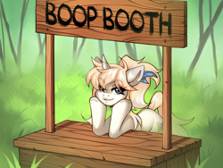 Size: 4000x3000 | Tagged: safe, artist:sugarstar, oc, oc only, pony, unicorn, boop, booth, implied boop, looking at you, smiling, smiling at you, solo