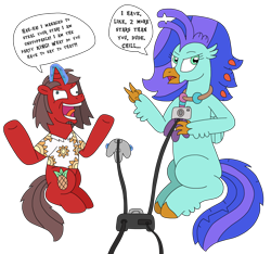 Size: 3288x3072 | Tagged: safe, artist:supahdonarudo, oc, oc only, oc:ironyoshi, oc:sea lilly, classical hippogriff, hippogriff, pony, unicorn, atg 2023, camera, clothes, controller, dialogue, duo, high res, insanity, jewelry, laughing, levitation, magic, maniacal laugh, mario party, necklace, newbie artist training grounds, nintendo 64, shirt, simple background, sitting, speech bubble, telekinesis, text, transparent background