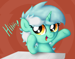 Size: 1624x1295 | Tagged: safe, artist:background basset, lyra heartstrings, pony, unicorn, g4, abstract background, cute, dialogue, female, lyrabetes, mare, open mouth, solo, table, text, weapons-grade cute