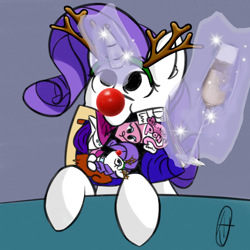 Size: 506x506 | Tagged: safe, artist:anonymous, edit, idw, rarity, pony, g4, antlers, champagne glass, christmas, comic, cute, holiday, magic, reindeer antlers, rudolph nose, solo, telekinesis