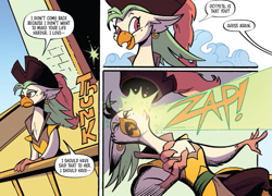 Size: 615x442 | Tagged: safe, artist:andy price, idw, official comic, captain celaeno, bird, ornithian, parrot, anthro, g4, spoiler:comic, spoiler:comic100, implied lesbian, magic, out of context, pirate, pirate bird, pirate parrot, sapphic, shot, zap