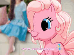 Size: 600x445 | Tagged: safe, pinkie pie (g3), earth pony, human, pony, g3, g3.5, official, animated, child, commercial, duo, duo female, eon toys, female, frame by frame, gif, heart, heart eyes, irl, irl human, photo, target demographic, wingding eyes
