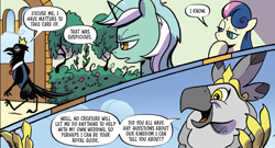 Size: 800x433 | Tagged: safe, artist:andy price, idw, official comic, bon bon, lyra heartstrings, prince huginn, princess ocypete, sweetie drops, bird, crow, ornithian, parrot, pony, anthro, g4, season 10, spoiler:comic, spoiler:comic100, crown, female, jewelry, regalia, royalty, suspicious