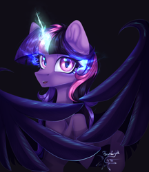 Size: 3900x4523 | Tagged: safe, artist:jsunlight, twilight sparkle, alicorn, pony, collaboration:meet the best showpony, equestria girls, g4, collaboration, colored, concave belly, dark background, female, glowing, glowing horn, horn, large wings, lighting, mare, midnight sparkle, partially open wings, rearing, shading, signature, slender, solo, thin, turned head, wings