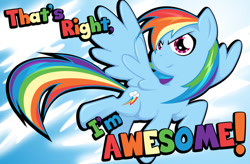 Size: 800x526 | Tagged: safe, artist:hihoshi, rainbow dash, pegasus, pony, g4, abstract background, awesome, flying, solo, text