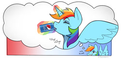 Size: 1238x632 | Tagged: safe, artist:balileart, part of a set, rainbow dash, alicorn, pegasus, pony, g4, alicornified, drinking, grin, imagine spot, magic, pepsi, race swap, rainbowcorn, smiling, soda, solo, telekinesis, text, thought bubble