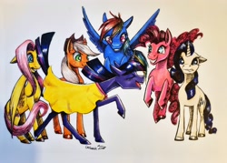 Size: 3904x2800 | Tagged: safe, artist:cahandariella, applejack, fluttershy, pinkie pie, rainbow dash, rarity, twilight sparkle, earth pony, pegasus, pony, unicorn, g4, clothes, dancing, dress, high res, mane six, marker drawing, newbie artist training grounds, traditional art