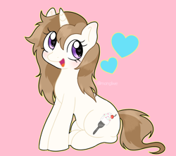 Size: 1700x1500 | Tagged: artist needed, safe, oc, oc:fluffymarsh, pony, unicorn, adorasexy, brown mane, cute, female, heart, heart eyes, looking back, mare, open mouth, purple eyes, sexy, signature, silly, silly pony, simple background, sitting, smiling, smol, solo, wingding eyes