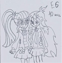 Size: 705x710 | Tagged: safe, artist:nephilim rider, sci-twi, twilight sparkle, oc, oc:heaven lost, human, equestria girls 10th anniversary, equestria girls, g4, duo, female, traditional art