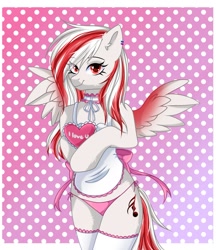 Size: 1523x1764 | Tagged: safe, artist:freyamilk, oc, oc:skyshard melody, pegasus, pony, semi-anthro, apron, arm hooves, bipedal, clothes, collar, commission, cute, ear piercing, earring, female, heart, heart eyes, hearts and hooves day, jewelry, love, music notes, panties, piercing, pink panties, red eyes, ribbon, simple background, smiling, solo, stockings, thigh highs, underwear, white fur, wingding eyes, ych result