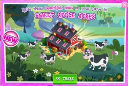 Size: 1035x698 | Tagged: safe, gameloft, screencap, cow, g4, bow, crotchboobs, flower, hair bow, nudity, sweet apple acres, teats, tree, udder
