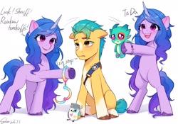 Size: 2236x1563 | Tagged: safe, artist:xiaowu07, part of a set, hitch trailblazer, izzy moonbow, kenneth, sparky sparkeroni, bird, dragon, earth pony, pony, unicorn, g5, baby, baby dragon, bipedal, blaze (coat marking), bracelet, coat markings, crying, cuffs, dialogue, face paint, facial markings, female, floppy ears, friendship bracelet, group, hitch trailblazer is not amused, holding a dragon, hoof heart, izzy being izzy, jewelry, looking at someone, male, mare, open mouth, open smile, pale belly, quartet, raised hoof, sash, self paradox, self ponidox, ship:moontrail, shipping, showing, signature, simple background, sitting, smiling, socks (coat markings), stallion, standing, straight, ta-da!, unamused, underhoof, unshorn fetlocks, white background