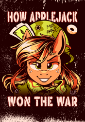 Size: 4200x6000 | Tagged: safe, artist:poxy_boxy, applejack, earth pony, pony, friendship is witchcraft, how applejack won the war, g4, absurd resolution, brown background, bust, eye clipping through hair, eyebrows, eyebrows visible through hair, female, grin, helmet, looking at you, mare, narrowed eyes, playing card, simple background, smiling, smiling at you, solo