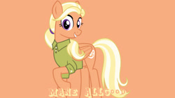 Size: 1920x1080 | Tagged: safe, artist:cheezedoodle96, edit, editor:jaredking779, mane allgood, pegasus, pony, g4, clothes, female, folded wings, grin, looking at you, mare, orange background, raised hoof, shirt, simple background, smiling, solo, wings