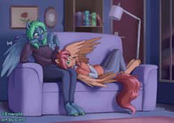 Size: 3508x2480 | Tagged: safe, artist:pwnagespartan, oc, oc only, oc:emerald, oc:firefly, anthro, unguligrade anthro, book, bookshelf, couch, duo, high res, lamp, window