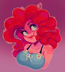Size: 1080x1198 | Tagged: safe, alternate version, artist:l4zy_4le, pinkie pie, human, equestria girls, g4, breasts, bust, busty pinkie pie, cleavage, female, gradient background, looking offscreen, smiley face, solo