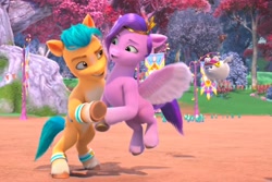 Size: 2064x1380 | Tagged: safe, screencap, cloudpuff, hitch trailblazer, pipp petals, dog, earth pony, flying pomeranian, pegasus, pomeranian, pony, g5, my little pony: make your mark, my little pony: make your mark chapter 4, the jinxie games, spoiler:g5, spoiler:my little pony: make your mark, spoiler:my little pony: make your mark chapter 4, spoiler:mymc04e03, bipedal, duo, duo male and female, female, male, mare, shipping fuel, stallion, winged dog