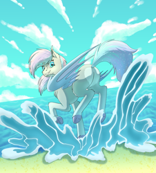 Size: 2200x2431 | Tagged: safe, artist:xxlampxx, oc, oc only, oc:dreamyway skies, bat pony, pony, bat pony oc, bat wings, beach, blue eyes, butt, chest fluff, cloud, commission, ear tufts, happy, heart butt, high res, looking at you, looking back, looking back at you, ocean, plot, sand, shore, sky, smiling, smiling at you, sparkles, sparkly eyes, splash, splashing, summer, underhoof, water, wingding eyes, wings, ych result