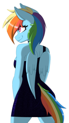Size: 1547x2736 | Tagged: safe, alternate version, artist:melodytheartpony, rainbow dash, pegasus, anthro, g4, ass, back, black dress, breasts, busty rainbow dash, butt, clothes, cute, doodle, dress, eyelashes, feathered wings, female, folded wings, hips, little black dress, looking away, multicolored mane, rainbow, rear view, sideboob, signature, simple background, smiling, solo, sparkles, white background, wings