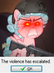 Size: 1000x1347 | Tagged: safe, edit, edited screencap, screencap, cozy glow, pegasus, pony, g4, angry, eye beams, gun, helmet, hk416, meme, solo, weapon