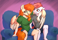 Size: 3192x2184 | Tagged: safe, artist:witchtaunter, oc, oc only, oc:amity starfall, oc:deepest apologies, pegasus, anthro, arm around neck, clothes, commission, couch, cuddling, duo, ear fluff, female, flirting, high res, hug, male, nervous, open mouth, shirt, shorts, simple background, smiling, t-shirt, winghug, wings