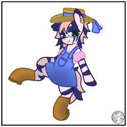 Size: 2000x2000 | Tagged: safe, artist:dice-warwick, oc, oc only, oc:pecan harvester, hybrid, original species, pony, waste pony, zony, boots, clothes, ear piercing, female, hat, high res, overalls, piercing, shoes, simple background, solo, straw hat, stripes, tail, transparent background